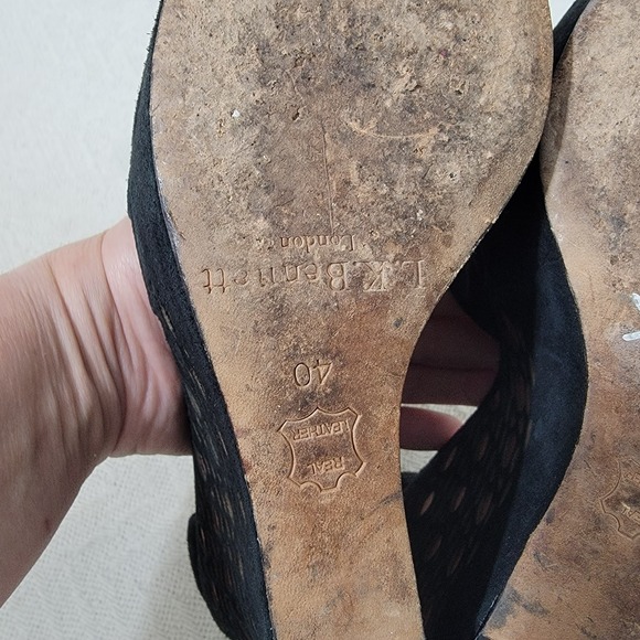 L.K. Bennett Rea Peep Toe Black Suede High Wedge Sandals Nude Lace Size 40 US 10 - Picture 12 of 15